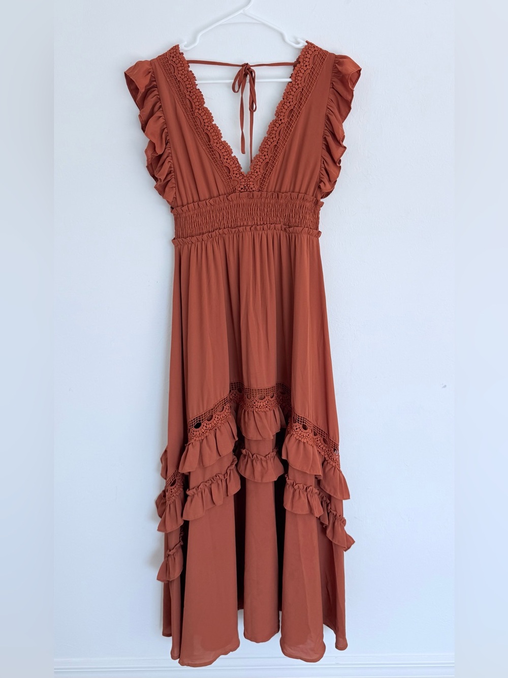 Baltic Born Rust Ruffled V-Neck Maxi Dress